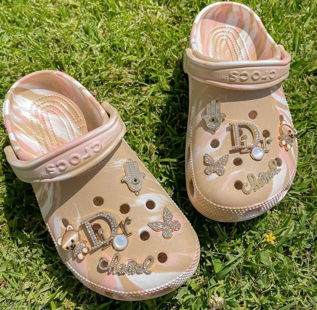 Tie dye clogs with charms permanently attached